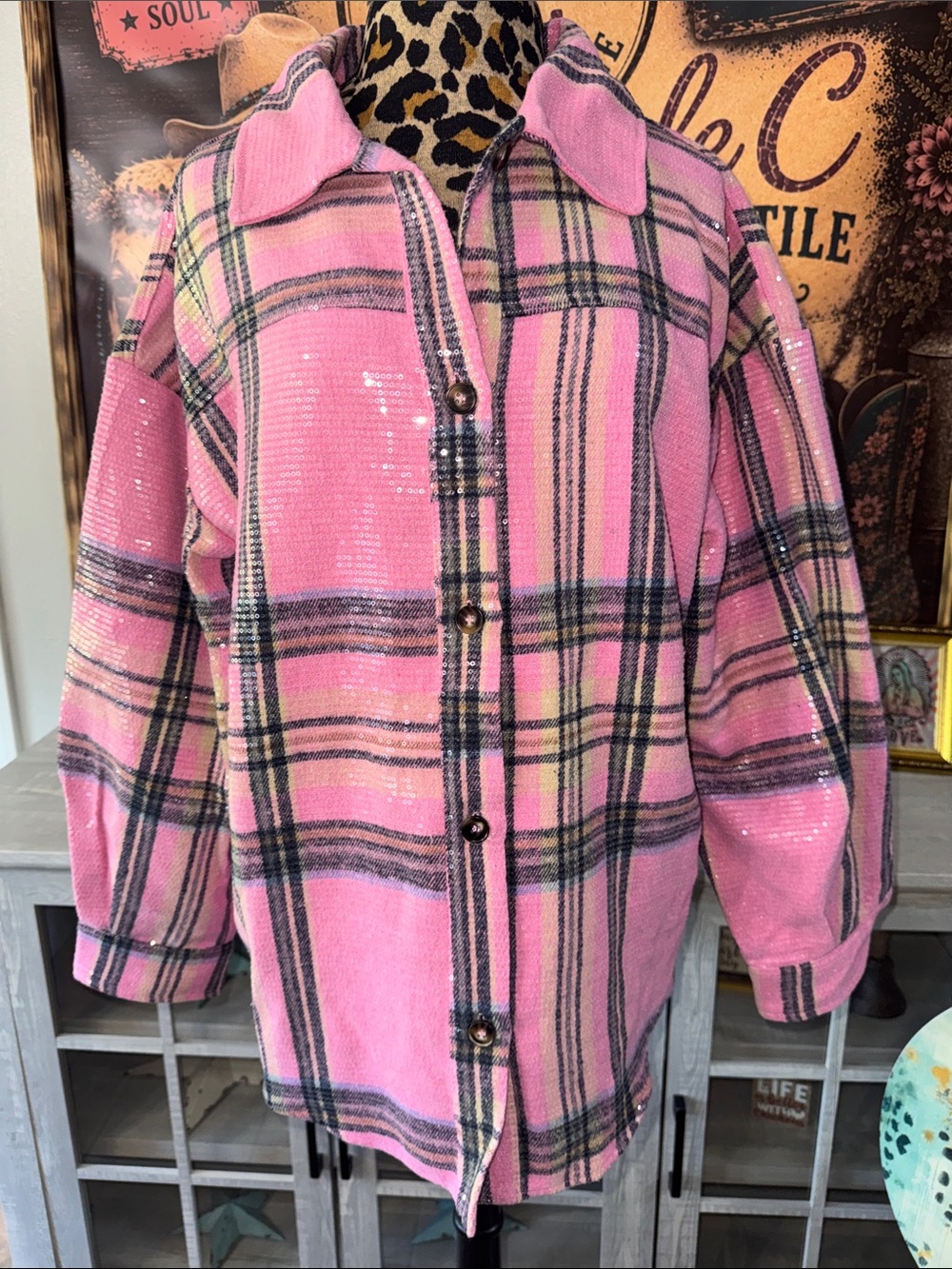 BIBI Women's Plaid Super Sequin Shacket Jacket - Sz XL